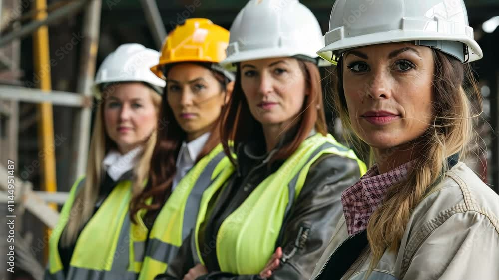 Four women with hard hats and reflective gear stand confidently at a construction site, showcasing empowerment and teamwork in a traditionally male-dominated field. Four women with hard hats and reflective gear stand confidently at a construction site, showcasing empowerment and teamwork in a traditionally male-dominated field.