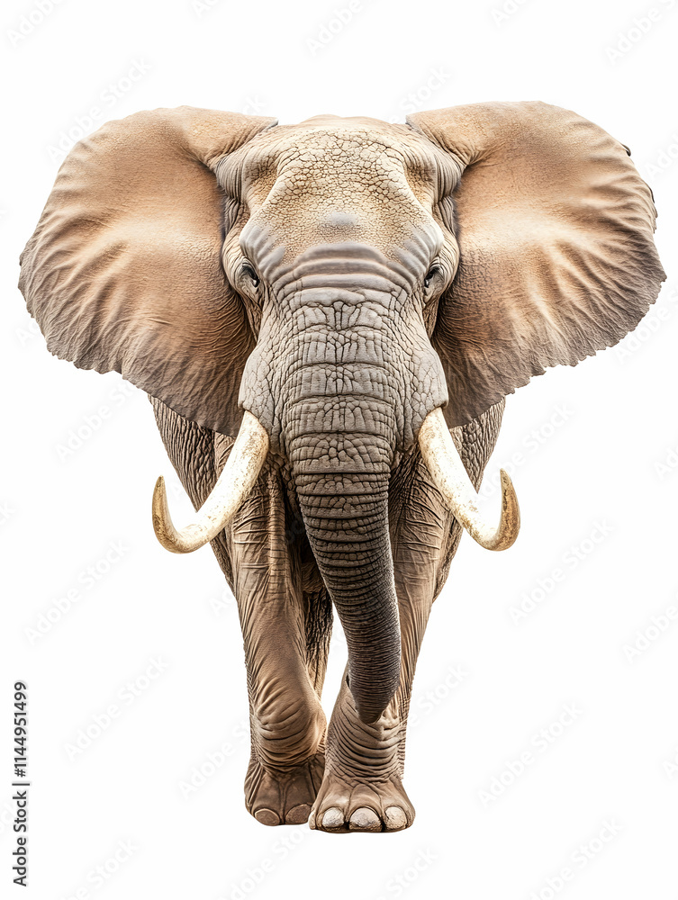 Obraz premium Majestic African Elephant Walking Towards Camera, Isolated on White Background, Wildlife Conservation.