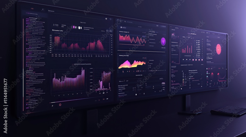 Multiple computer screens displaying data visualizations and analytics Multiple computer screens displaying data visualizations and analytics