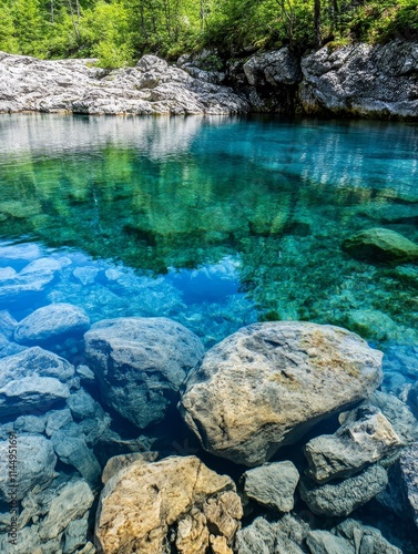 Crystal Clear Blue Water Reflections - Serene, pristine blue water reflects lush greenery. Clear, tranquil pool with smooth rocks underwater. Nature's peace, purity, and tranquility. Ideal for rela