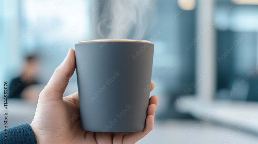hand holding a steaming cup of coffee in an office lounge hand holding a steaming cup of coffee in an office lounge