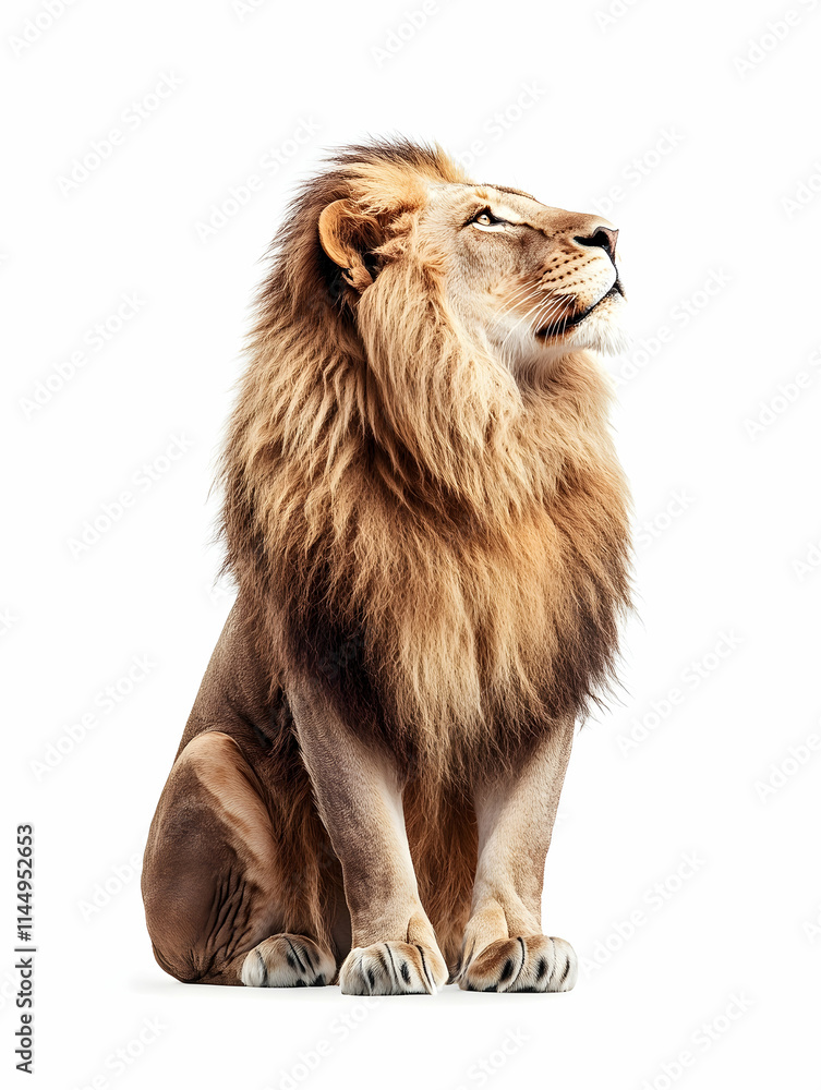 Obraz premium Majestic Male Lion Sitting, Studio Shot, White Background, Wildlife Photography, Conservation.