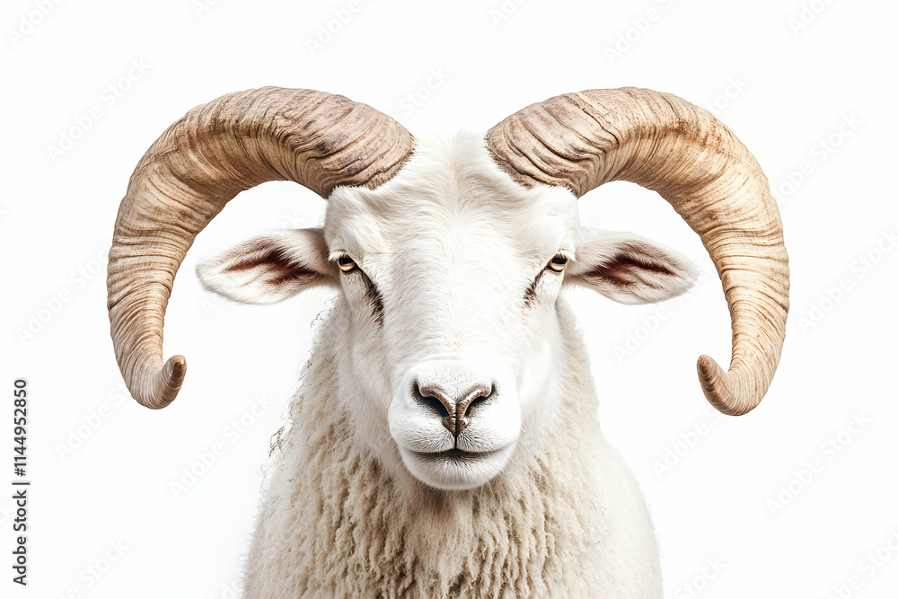 Majestic Ram Portrait, Studio Shot, Isolated, White Background, Festive Symbol. Majestic Ram Portrait, Studio Shot, Isolated, White Background, Festive Symbol.