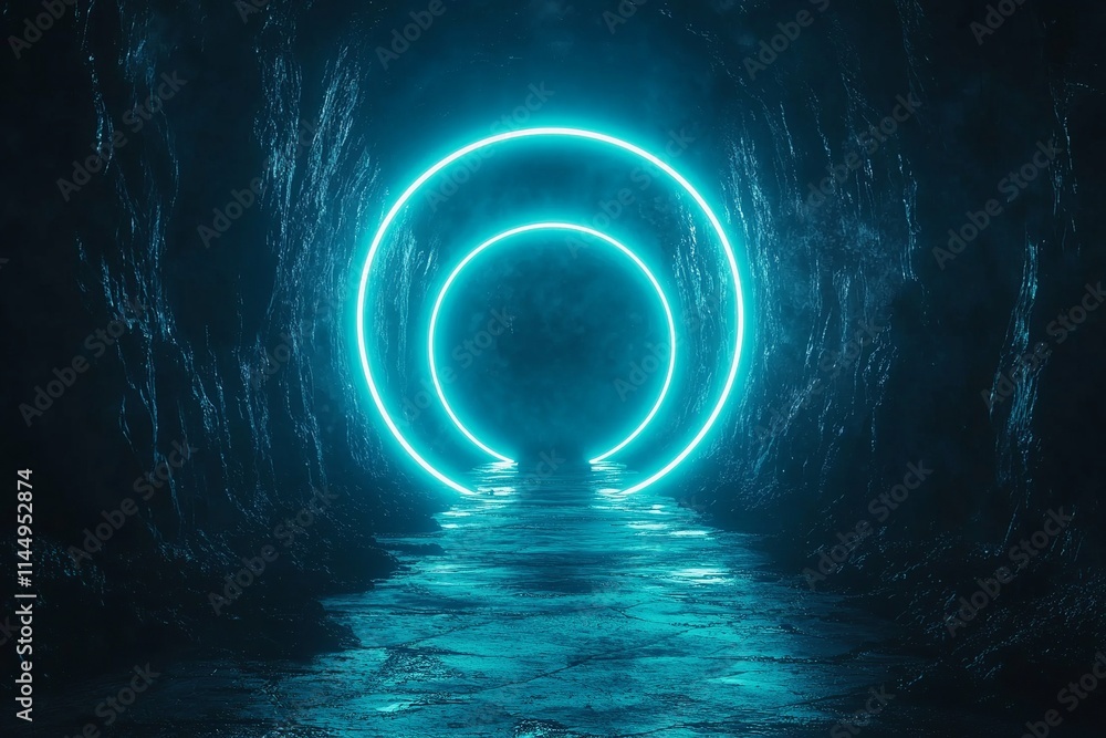 Obraz premium A glowing tunnel with neon circles, creating a futuristic atmosphere.