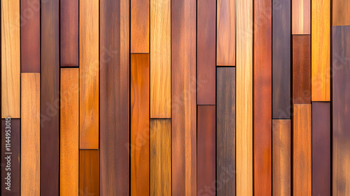 Solid wooden battens create a natural-colored wall pattern background. photo