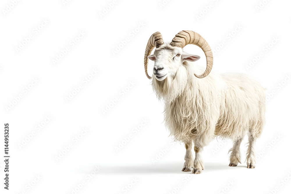 Fototapeta premium Majestic White Ram Standing, Isolated, Studio, Agriculture, Farming.