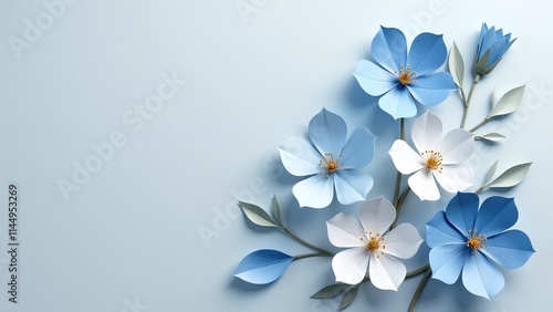 Delicate paper flowers blue and white blossoms intricate