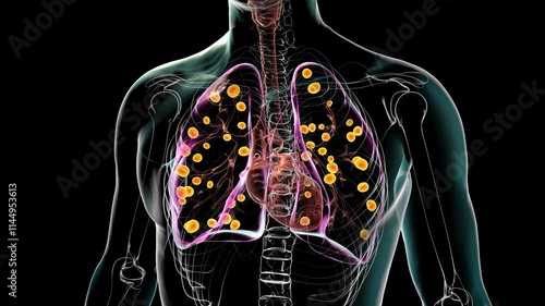 Lung histoplasmosis, 3D animation showing fungal infection caused by Histoplasma capsulatum, highlighting lung tissue damage and granulomas.