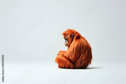 Orangutan baby sitting studio white background conservation awareness campaign. photo