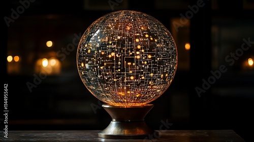 Illuminated glass sphere on stand, circuit pattern, warm light.