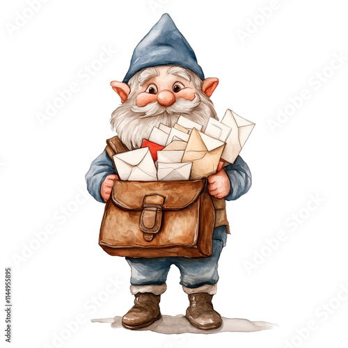 Watercolor illustration of a cheerful gnome postman holding a leather mailbag filled with letters, wearing a blue hat and vest, symbolizing communication and storytelling. photo