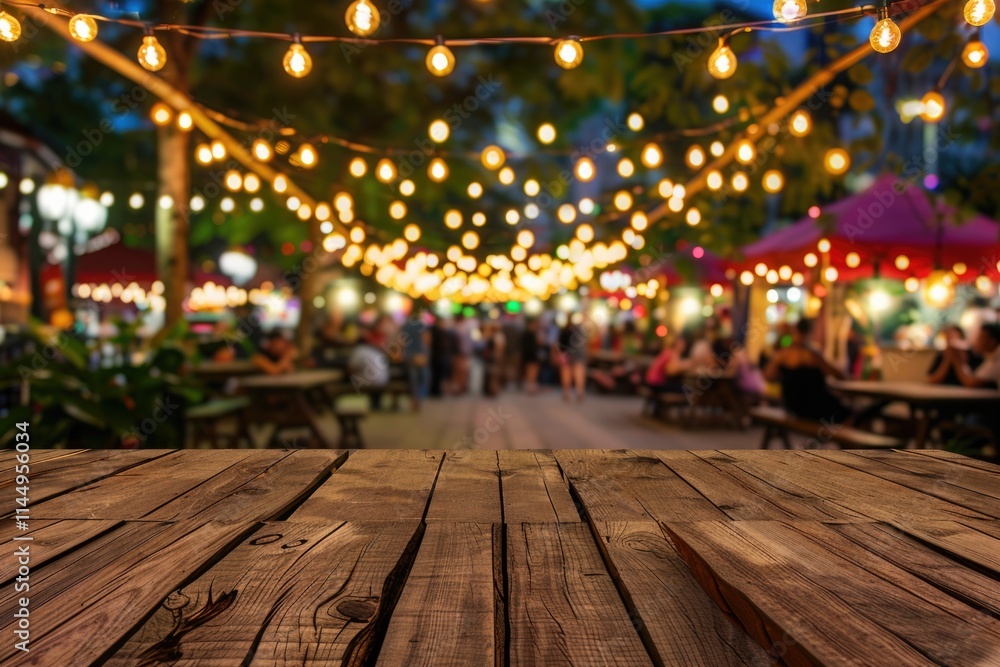 Summer Market. Outdoor Wooden Table with String Lights at Night Festival Summer Market. Outdoor Wooden Table with String Lights at Night Festival