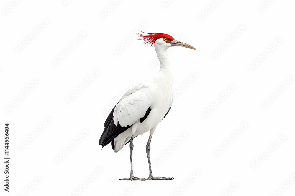 Red-crowned crane profile, isolated, white background, wildlife photography, nature documentary use. Red-crowned crane profile, isolated, white background, wildlife photography, nature documentary use.