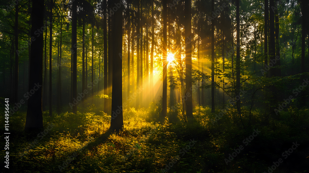 Naklejka premium Sunlight filtering through tree canopies.