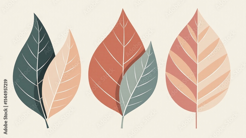 Fototapeta premium Stylized leaf shapes Pastel colors Overlapping foliage Botanical