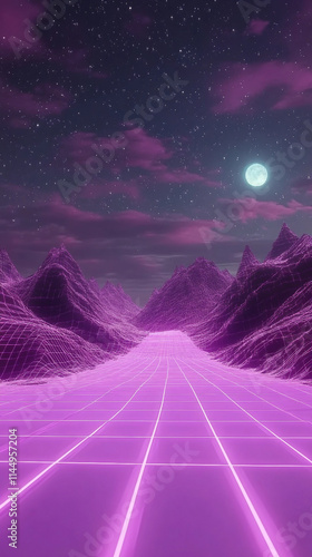  Retro inspired design featuring a glowing purple grid backdrop with neon mountain silhouettes in the distance, evoking nostalgic aesthetics and vibrant visuals
 photo