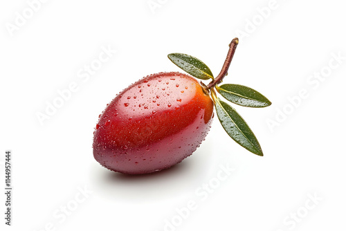 Ripe red jojoba fruit with water droplets, isolated on white background, healthy skincare ingredient.