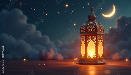 Ramadan Kareem With Crescent Moon And Lantern Background