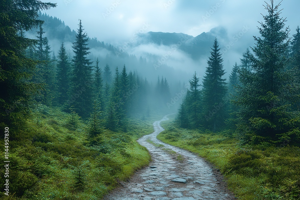 A path through a forest with trees and a foggy sky A path through a forest with trees and a foggy sky