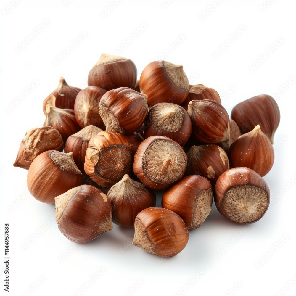 Many hazelnuts are lying on a white surface, forming a mound Many hazelnuts are lying on a white surface, forming a mound