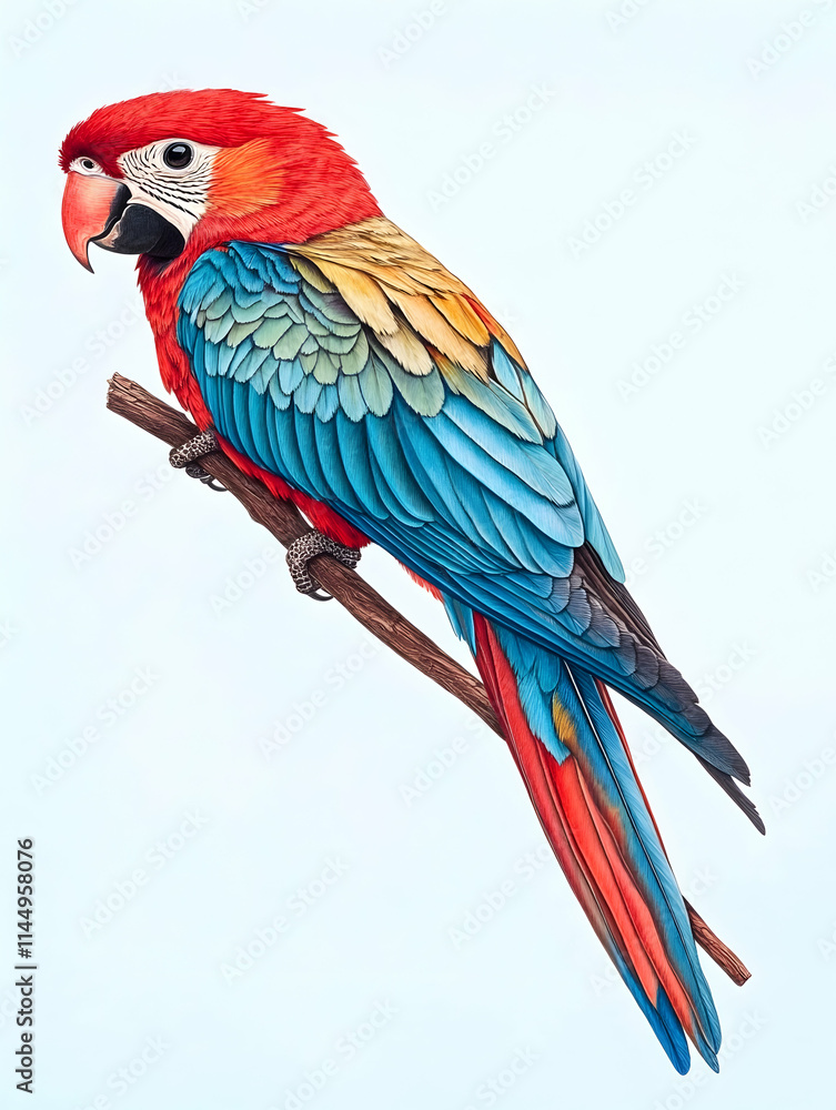 Obraz premium Scarlet Macaw Perched on Branch, Tropical Bird Illustration, Blue Background, Wildlife Poster.