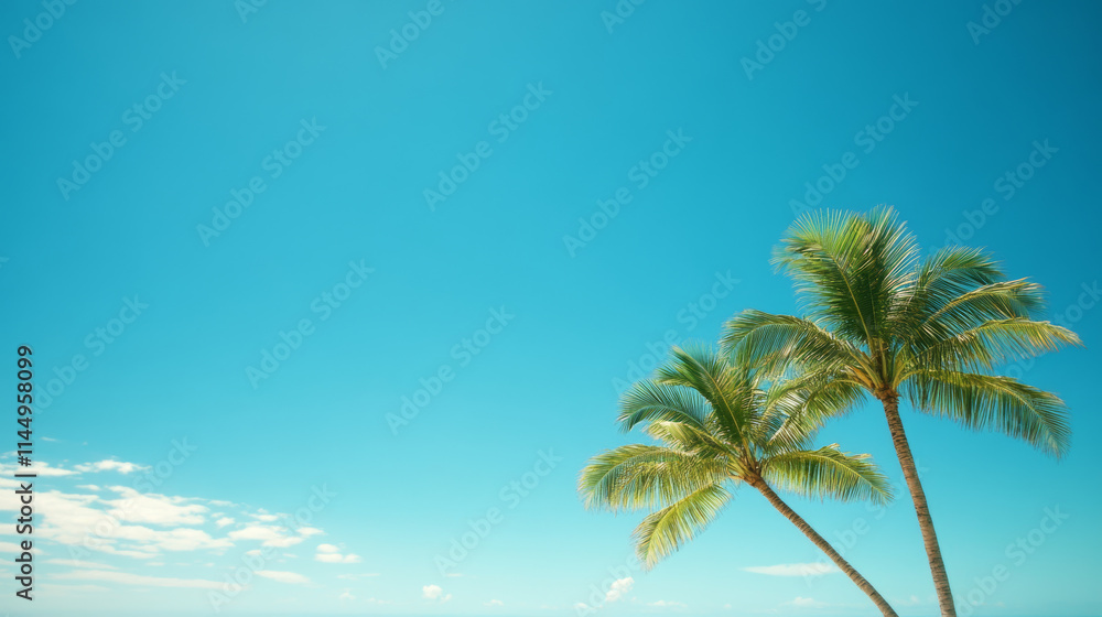 Lush palm trees swaying gently under a clear blue sky at a tropical beach during midday Lush palm trees swaying gently under a clear blue sky at a tropical beach during midday