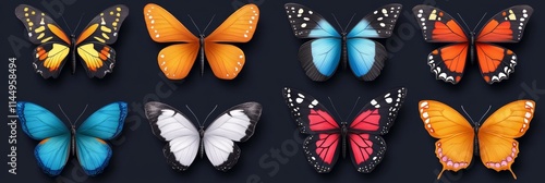 Twelve Colorful Butterflies Set on Dark Background - A vibrant collection of twelve butterflies, symbolizing beauty, transformation, freedom, grace, and nature.  Perfect for nature, design, or spring  photo