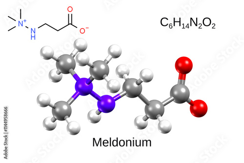 Chemical formula, structural formula and 3D ball-and-stick model of heart drug and doping meldonium photo