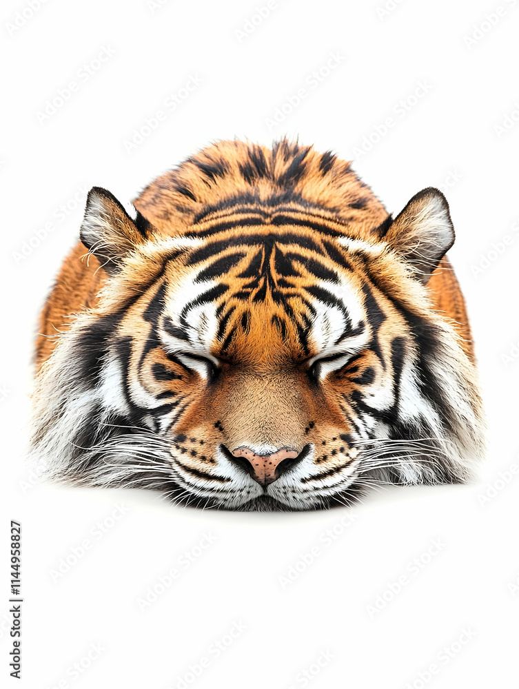 Sleeping Tiger Closeup, White Background, Wildlife Conservation, Print Design. Sleeping Tiger Closeup, White Background, Wildlife Conservation, Print Design.
