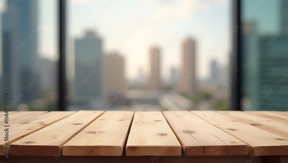 The empty wood table features a blurred cityscape in the background, suitable for product displays or key visuals in a montage._00003_ The empty wood table features a blurred cityscape in the background, suitable for product displays or key visuals in a montage._00003_