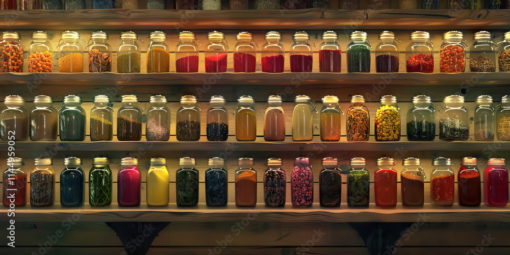 Assortment of Spices and Grains in Glass Jars on Wooden Shelves Assortment of Spices and Grains in Glass Jars on Wooden Shelves