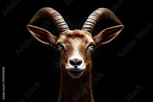 Smiling Markhor Goat Portrait, Black Background, Wildlife Photography, Animal Conservation. photo