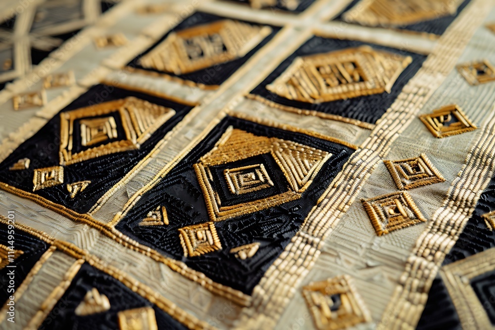 An intricate geometric hand-embroidered pattern in black and gold on a beige fabric An intricate geometric hand-embroidered pattern in black and gold on a beige fabric
