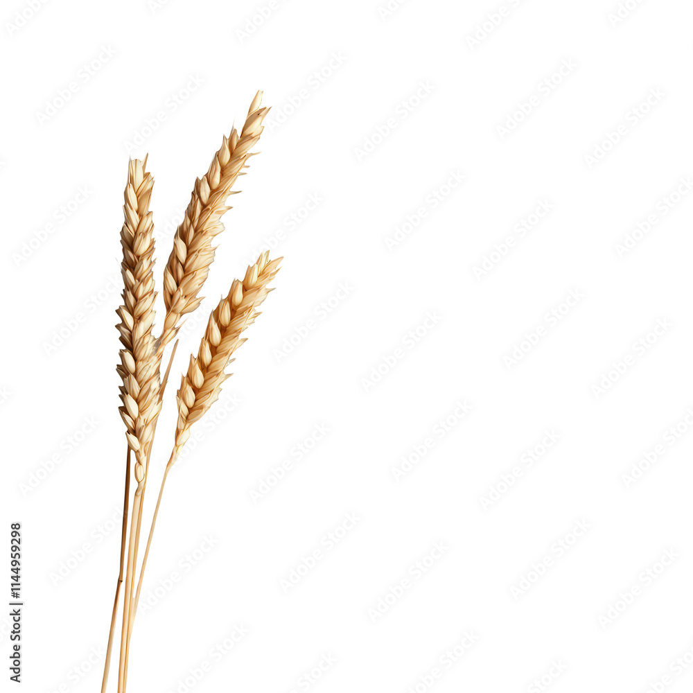 Three stalks of ripe golden wheat isolated on a white background perfect for agriculture food and beverage and autumn harvest themes representing grain crops farming and healthy eating concepts Three stalks of ripe golden wheat isolated on a white background perfect for agriculture food and beverage and autumn harvest themes representing grain crops farming and healthy eating concepts