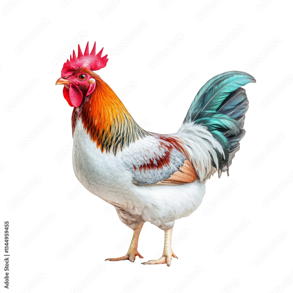 Fototapeta premium Colorful Rooster Isolated on White Background poultry farming livestock agriculture bird animal cock fowl hen chicken feather beak comb wattle wing claw foot standing full body profile view beautiful