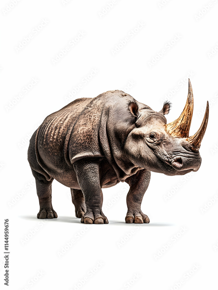Obraz premium Studio shot of Javan rhinoceros standing, isolated on white background, for wildlife conservation campaigns.