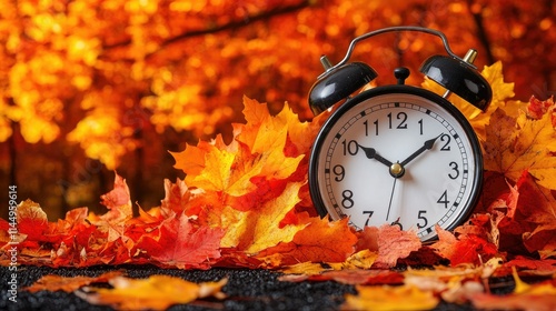 Autumn time change; black alarm clock in fall leaves. photo