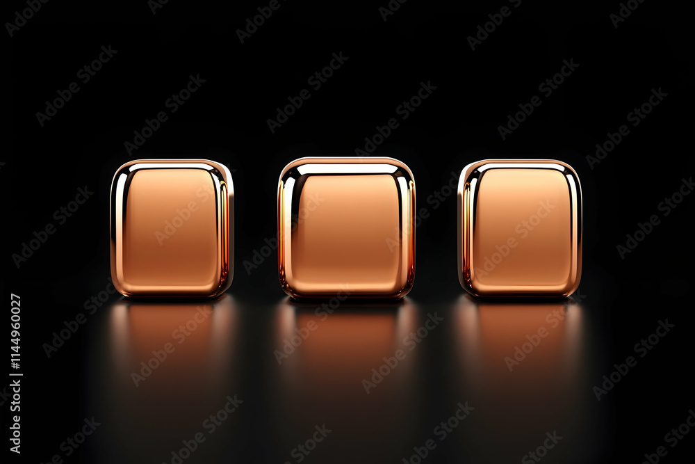 © Lala Farikha - Three copper buttons on black background, product mockup, website design element.