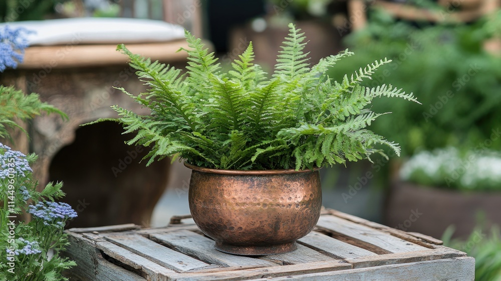 Lush Green Fern Plant in Copper Pot on Wooden Crate Display Lush Green Fern Plant in Copper Pot on Wooden Crate Display