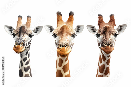 Three Giraffe Heads, Zoo Animal Portraits, White Background, Wildlife Print, Educational Use. photo