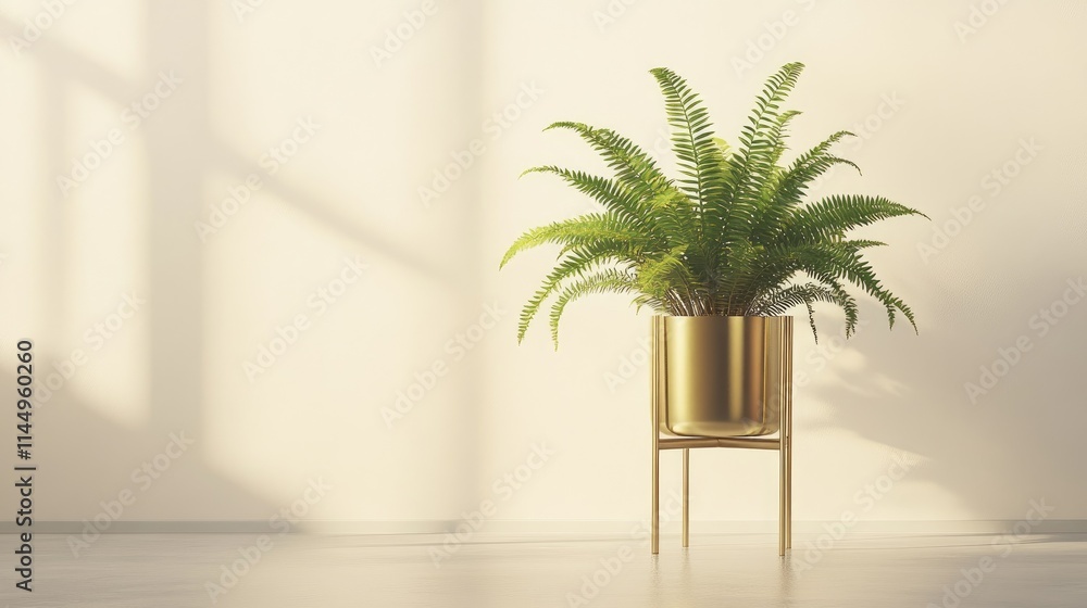 Lush Green Fern in Elegant Gold Planter Against Minimalist Wall Lush Green Fern in Elegant Gold Planter Against Minimalist Wall