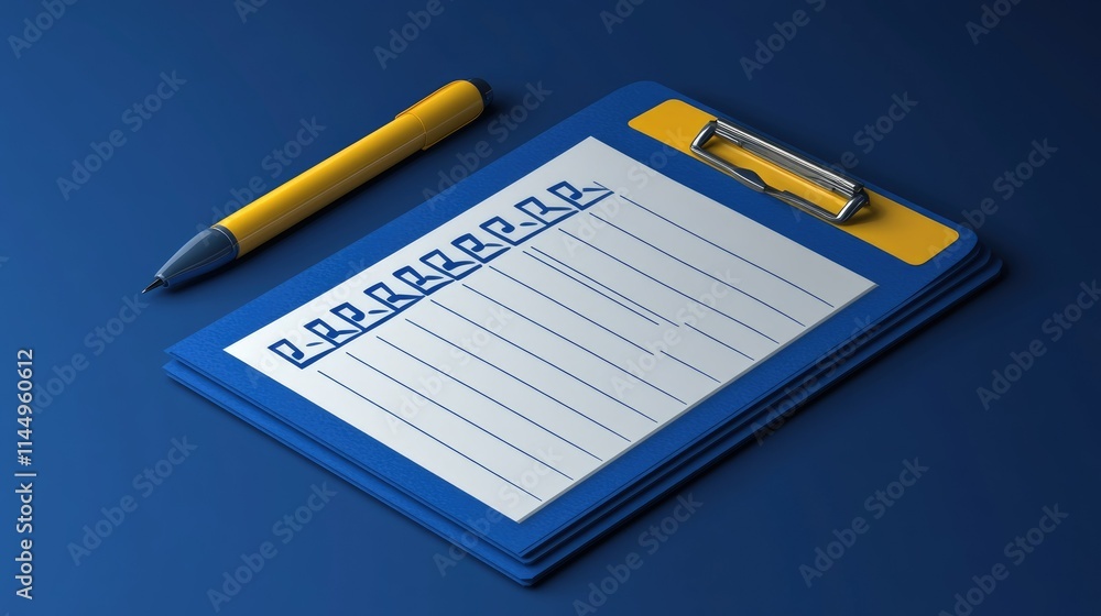 Blue clipboard with lined paper and yellow pen.