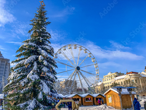 OStrava city center, snow, christmas market
