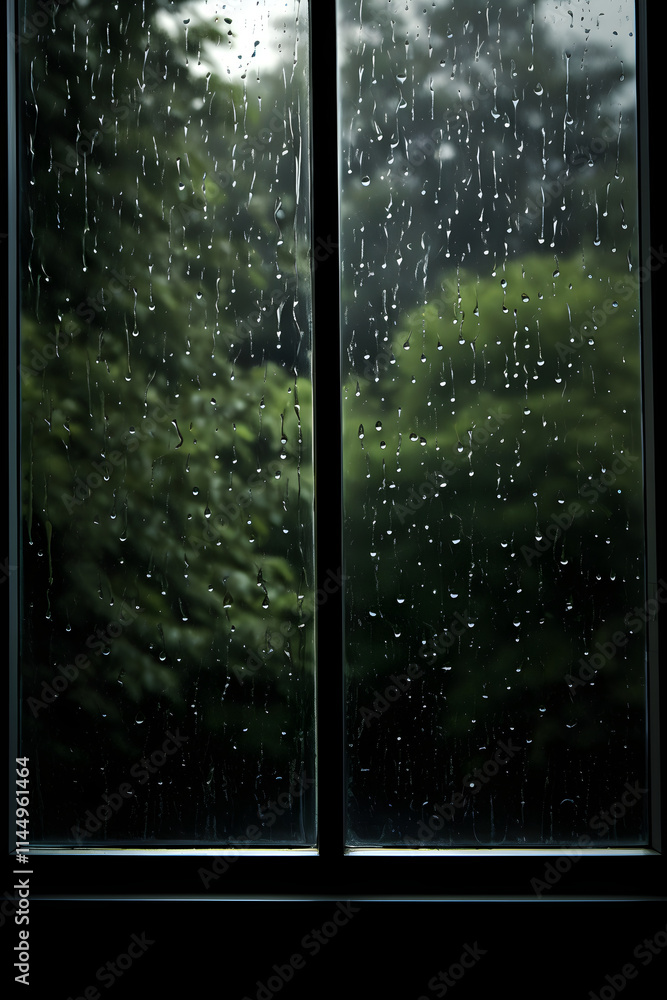 Naklejka premium The Serene Symphony of Steady Downpour: An Intimate Perspective of Raindrops on Window Panes Amidst a Stormy Day
