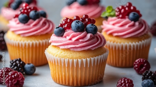 Colorful Cupcakes with Pink Frosting and Berries On Soft White Background, Perfect for Celebrations, Parties, and Sweet Treat Exteriors