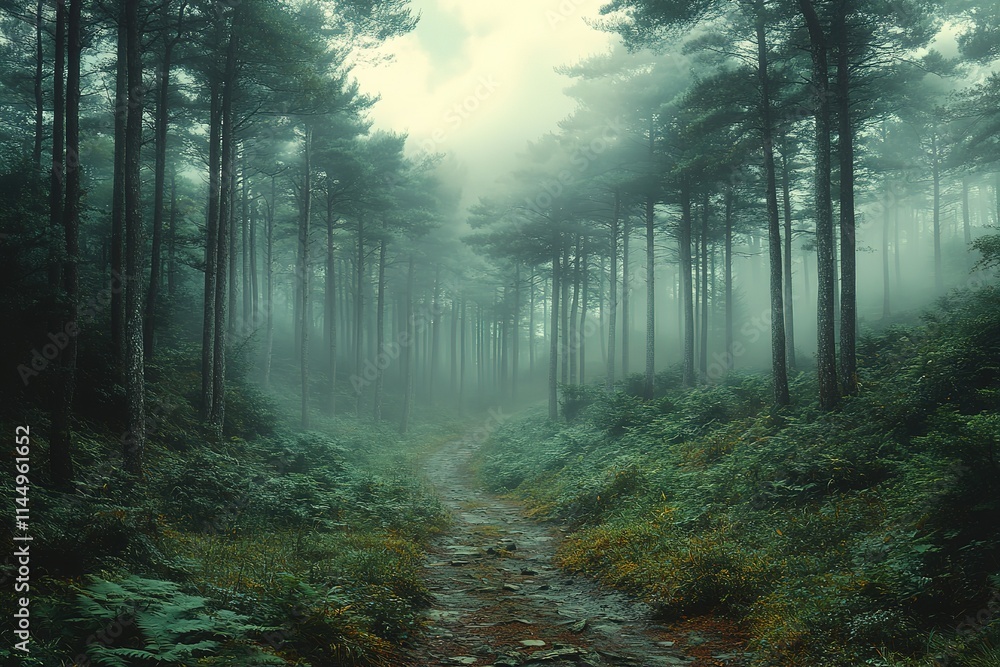 Obraz premium A forest path with trees and a foggy sky