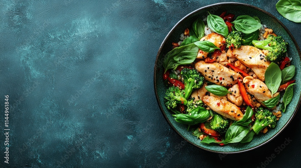Bowl of chicken, broccoli, peppers, basil on dark textured background. Bowl of chicken, broccoli, peppers, basil on dark textured background.