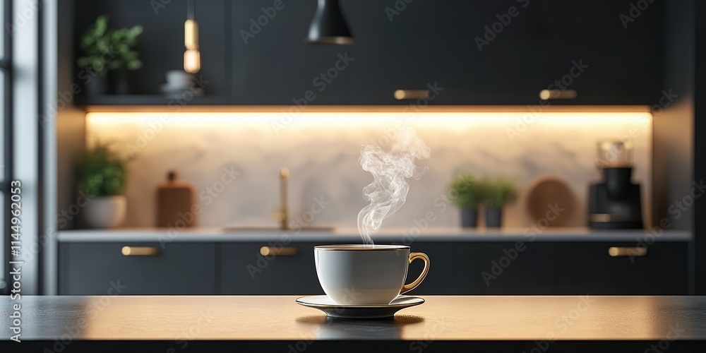 Obraz premium Steaming coffee cup placed on sleek dark countertop with modern kitchen backdrop. Subtle lighting and greenery create warm and inviting ambiance perfect for mornings.