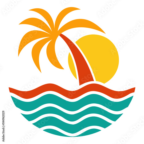 Tropical beach icon, stylized palm tree, bright yellow sun, turquoise ocean waves, vibrant colors, minimalist design, vector illustration isolated on a transparent background