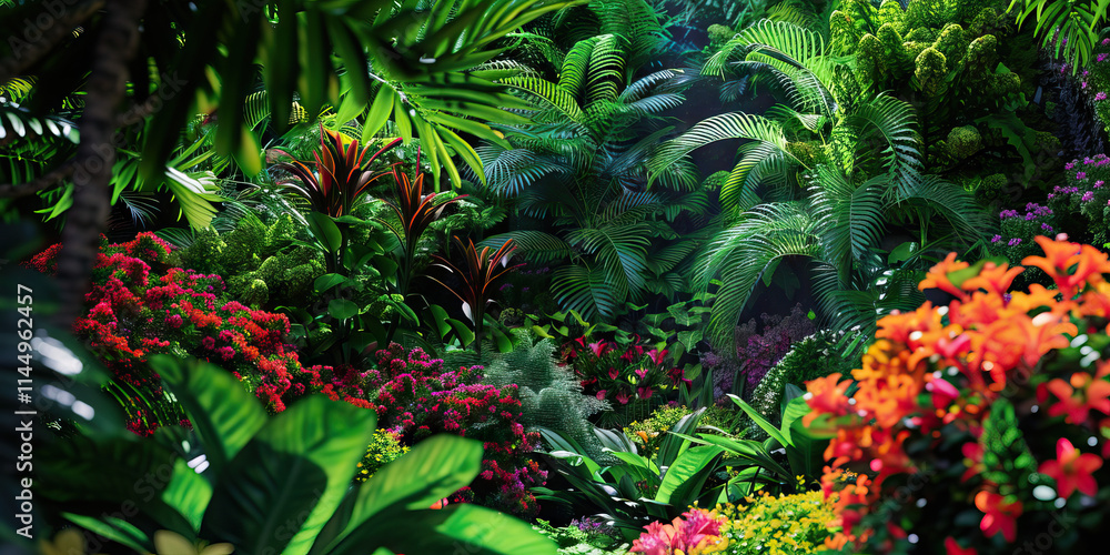 Dense Tropical Vegetation with Red, Orange, and Pink Flowers Dense Tropical Vegetation with Red, Orange, and Pink Flowers